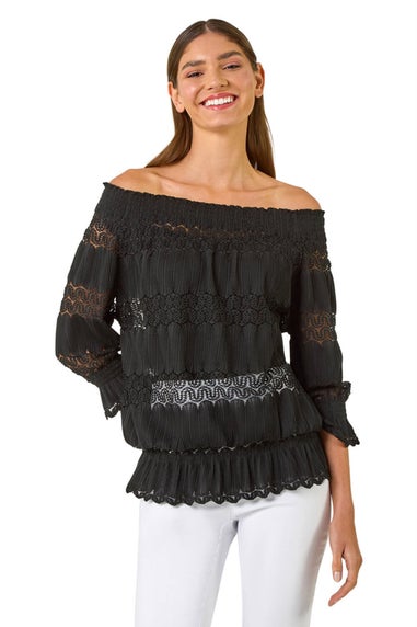 Roman Black Lace Insert Frill Bardot Top