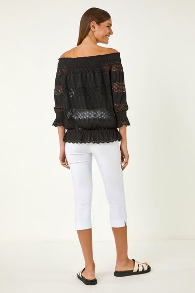 Roman Black Lace Insert Frill Bardot Top