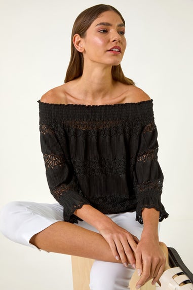 Roman Black Lace Insert Frill Bardot Top