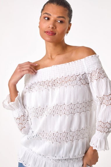 Roman Cream Lace Insert Frill Bardot Top