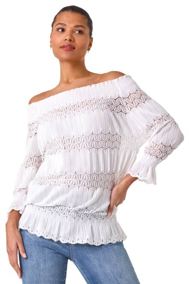Roman Cream Lace Insert Frill Bardot Top