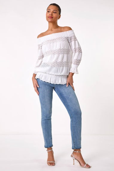 Roman Cream Lace Insert Frill Bardot Top