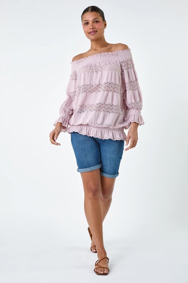 Roman Light Pink Lace Insert Frill Bardot Top