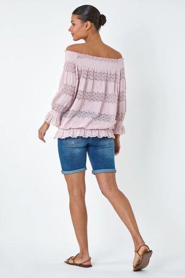 Roman Light Pink Lace Insert Frill Bardot Top