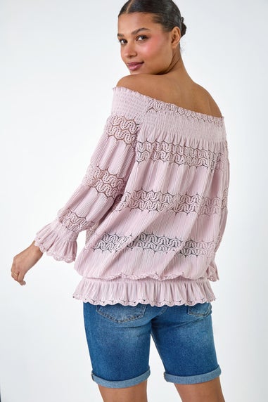 Roman Light Pink Lace Insert Frill Bardot Top
