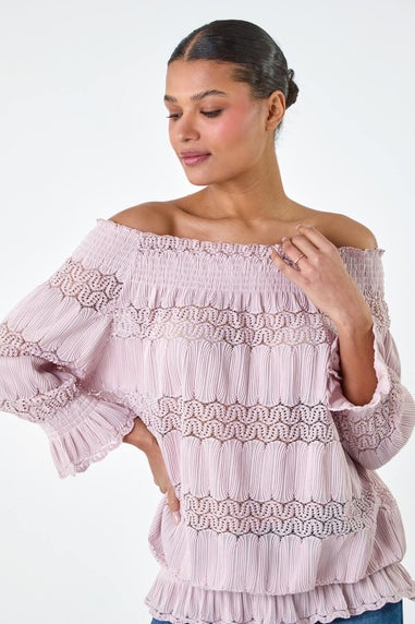 Roman Light Pink Lace Insert Frill Bardot Top