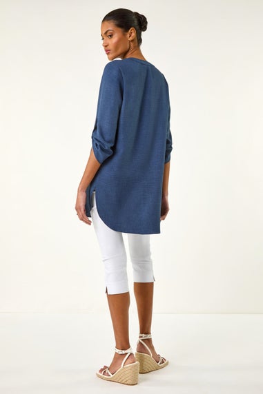 Roman Denim Horn Button Detail Longline Top