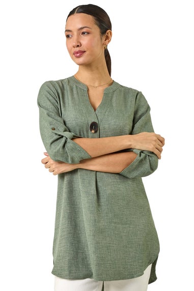 Roman Sage Longline V Neck Button Tunic Top