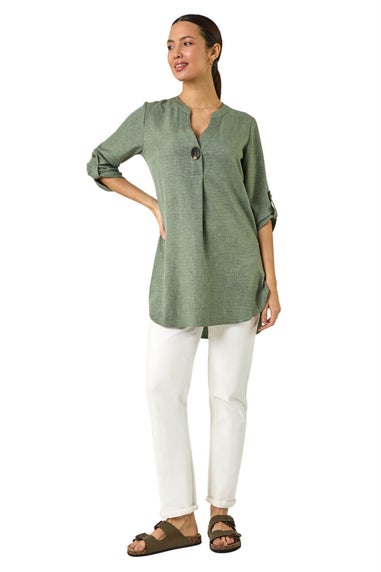 Roman Sage Longline V Neck Button Tunic Top
