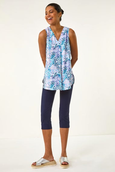 Roman Purple Abstract Print V Neck Pleat Top