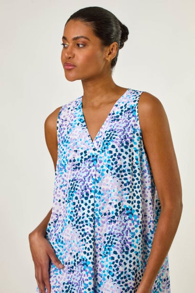 Roman Purple Abstract Print V Neck Pleat Top