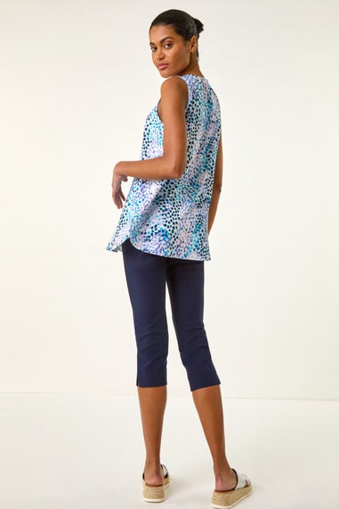 Roman Purple Abstract Print V Neck Pleat Top