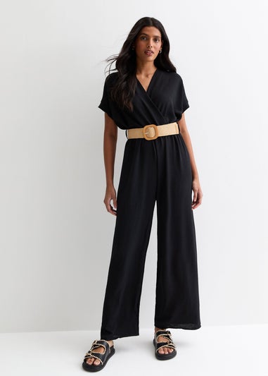 Gini London Black Short Sleeves Elasticated Waist Belted Jumpsuit