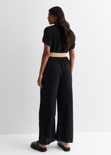 Gini London Black Short Sleeves Elasticated Waist Belted Jumpsuit