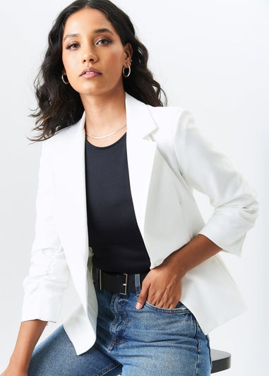Gini London Cream Ruched Sleeves Fitted Blazer