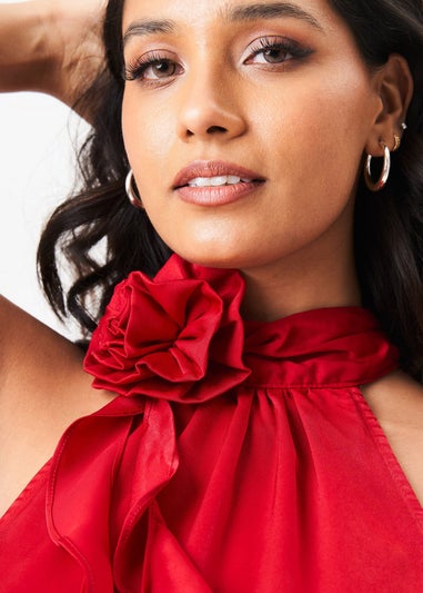 Gini London Red Corsage Frill Halter Neck Top