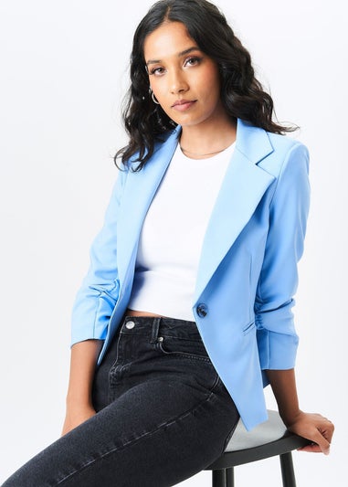 Gini London Light Blue Ruched Sleeves Fitted Blazer