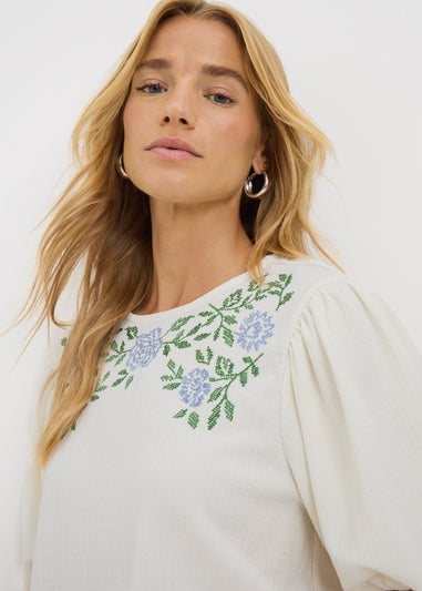 White Textured Embroidered T-Shirt