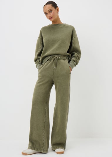 Khaki Acid Wash Wide Leg Jogging Bottoms