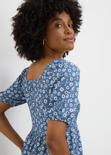 Womens Ditsy Shirred Midi Blue Dress