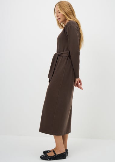 Brown Ribbed Cosy Midi Dress