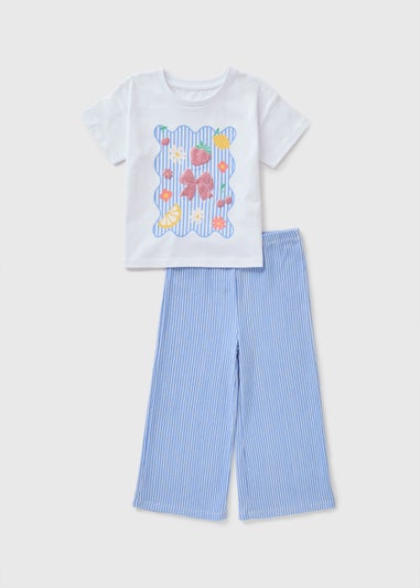 Girls Blue Stripe Bow Fruit Top & Trouser Set (1-7yrs)