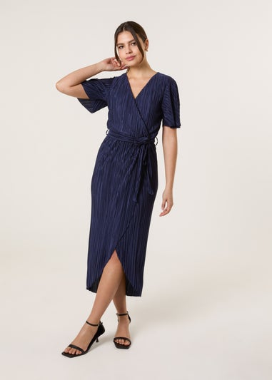 Blue Vanilla Navy Plisse Wrap Over Midi Dress