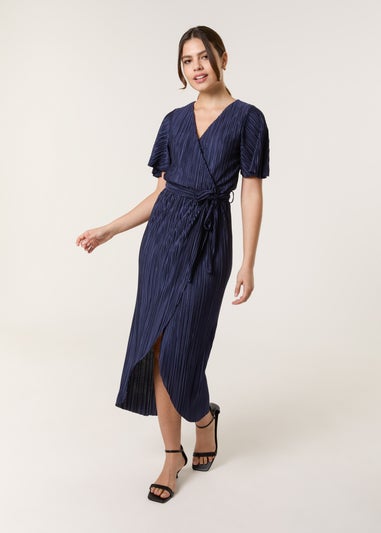 Blue Vanilla Navy Plisse Wrap Over Midi Dress