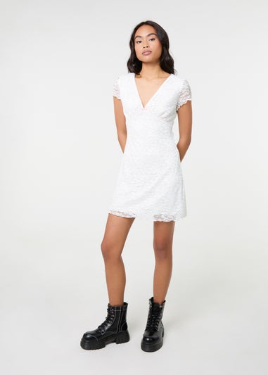 Pink Vanilla Ivory Cap Sleeve Lace Mini Dress