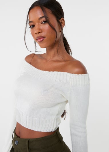 Pink Vanilla Ivory Off Shoulder Crop Knit Top