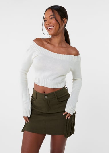 Pink Vanilla Ivory Off Shoulder Crop Knit Top