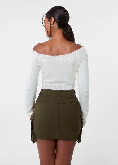 Pink Vanilla Ivory Off Shoulder Crop Knit Top