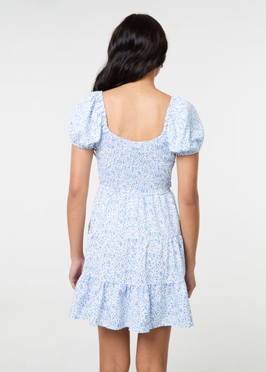 Pink Vanilla Blue Puff Sleeve Printed Mini Dress