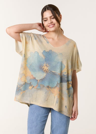 Blue Vanilla Gold Floral Shimmer Print Knitted Top