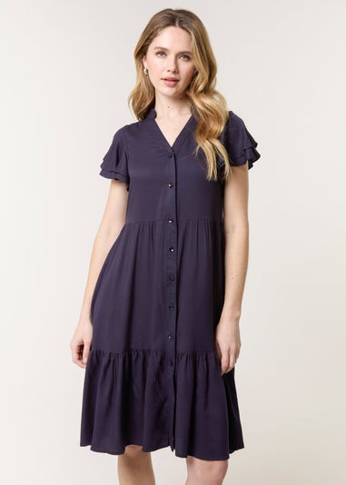 Blue Vanilla Navy Angel Sleeve Button Front Midi Dress