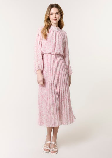Blue Vanilla Pink Snakeskin High Neck Pleat Dress