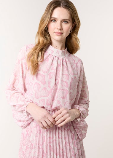 Blue Vanilla Pink Snakeskin High Neck Pleat Dress