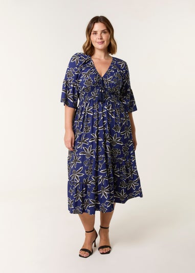 Blue Vanilla Blue Curve Elasticated V Neck Tassel Tie Midi Dress