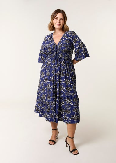 Blue Vanilla Blue Curve Elasticated V Neck Tassel Tie Midi Dress