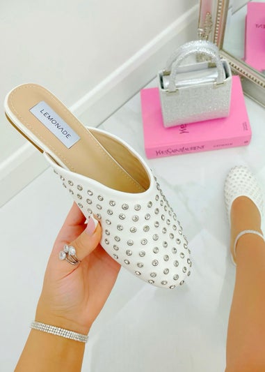 Love Lemonade White Sparkly Jewel Studded Slip On Mule Sliders