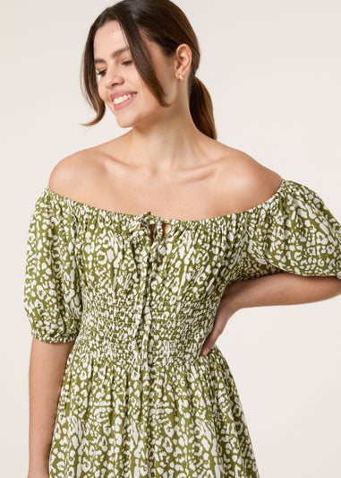 Blue Vanilla Khaki Tie Front Shirred Dress