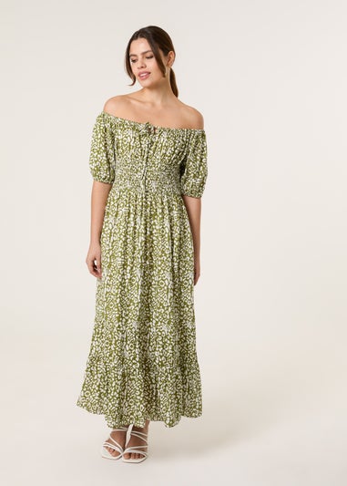 Blue Vanilla Khaki Tie Front Shirred Dress