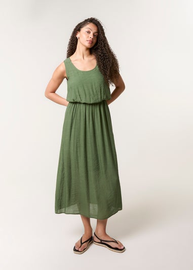 Blue Vanilla Khaki Plain Puff Ball Midi Dress