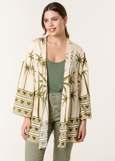 Blue Vanilla Khaki Palm Print Kimono
