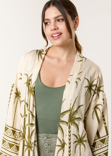 Blue Vanilla Khaki Palm Print Kimono