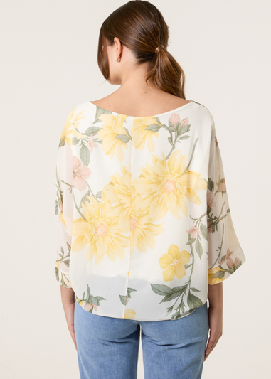 Blue Vanilla Lemon Floral Chiffon Batwing Blouse
