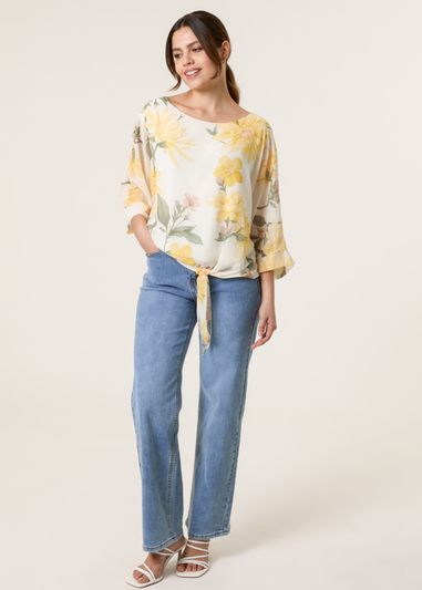 Blue Vanilla Lemon Floral Chiffon Batwing Blouse