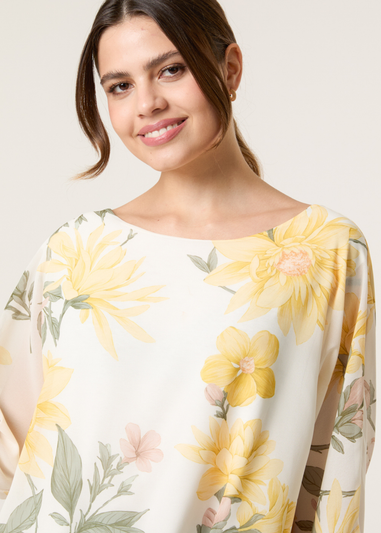 Blue Vanilla Lemon Floral Chiffon Batwing Blouse