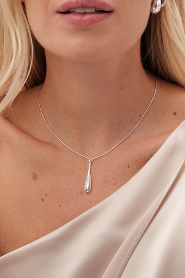 Simply Silver Sterling Silver 925 Polished and Pave Drop Pendant
