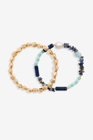 Mood Gold Blue Bead & Molten Disc Layered Bracelets Pack Of 3